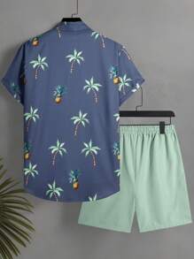 Manfinity Swimmode Men's Palm Tree Print Short Sleeve Shirt And Shorts Beach 2-Piece Set Men's Vacation Clothes Men Swim Trunks, Hawaiian, Men's Beach Shirts, Men's Resort Wear, Men's Vacation Outfit, Men's Bahama Outfit