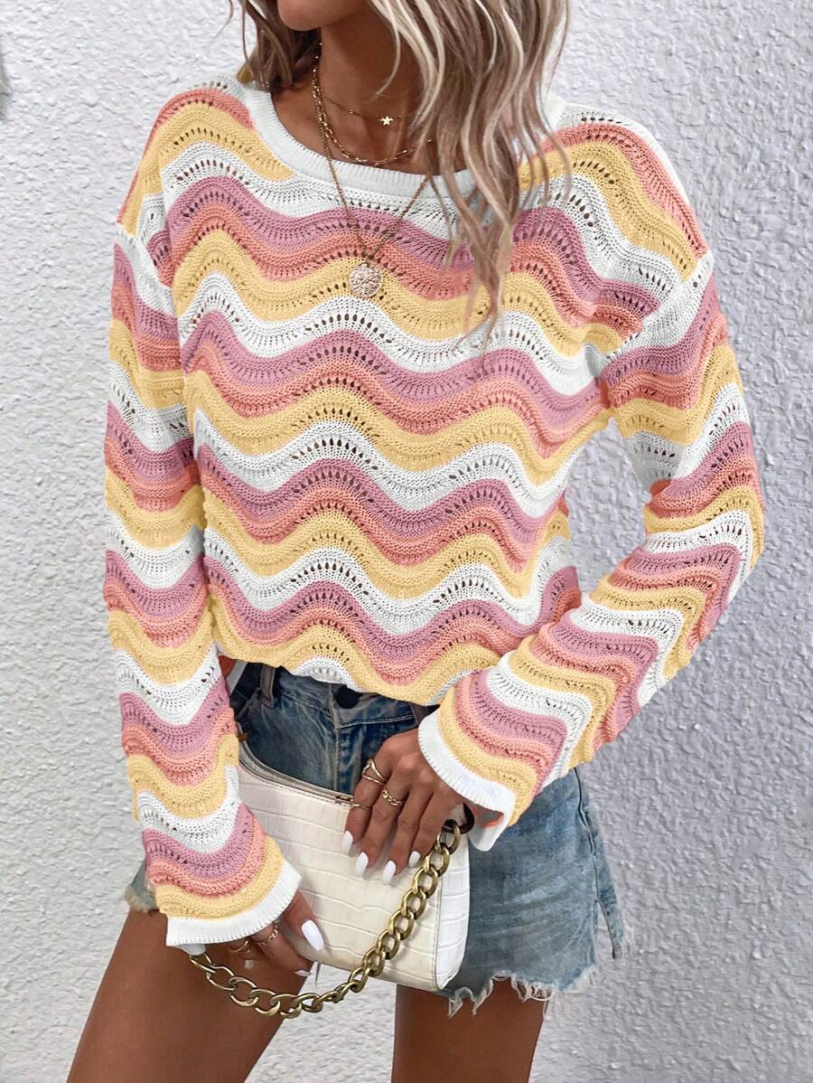 SHEIN LUNE Contrast Stripe Print Round Neck Casual Long Sleeve Sweater Pullover Knit Pullover Fall Winter