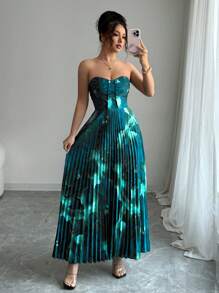 Selianne Váy Bandeau xếp ly in họa tiết khắp eo - Màu xanh Cadet - Xem 1