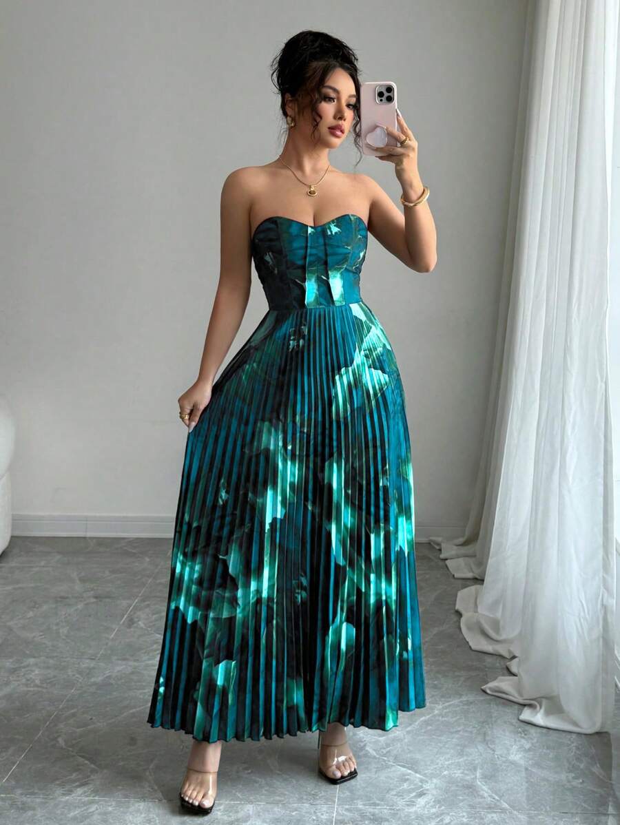 Selianne Váy Bandeau xếp ly in họa tiết khắp eo - Màu xanh Cadet - Xem 1