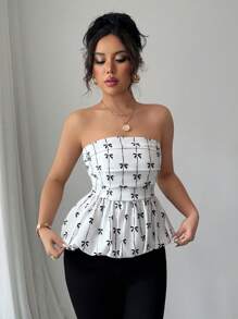 SHEIN Clasi Bowknot Print Pleated Elegant Women's Tube Top - White - View 3