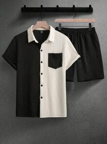 Manfinity Homme Men's Contrast Color Splice Short Sleeve Shirt & Shorts Set Men Shorts Set Men Shirt Co Ords - Multicolor - View 5