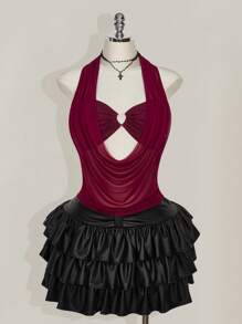 SHEIN ICON 加大码女式纯色 Y2K 节日性感外出网眼露背镂空心形水钻装饰背心