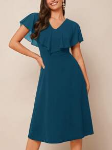 SHEIN Clasi Ladies' Mid-Length Green Dress With Ruffle Hemline - Teal Blue - View 6