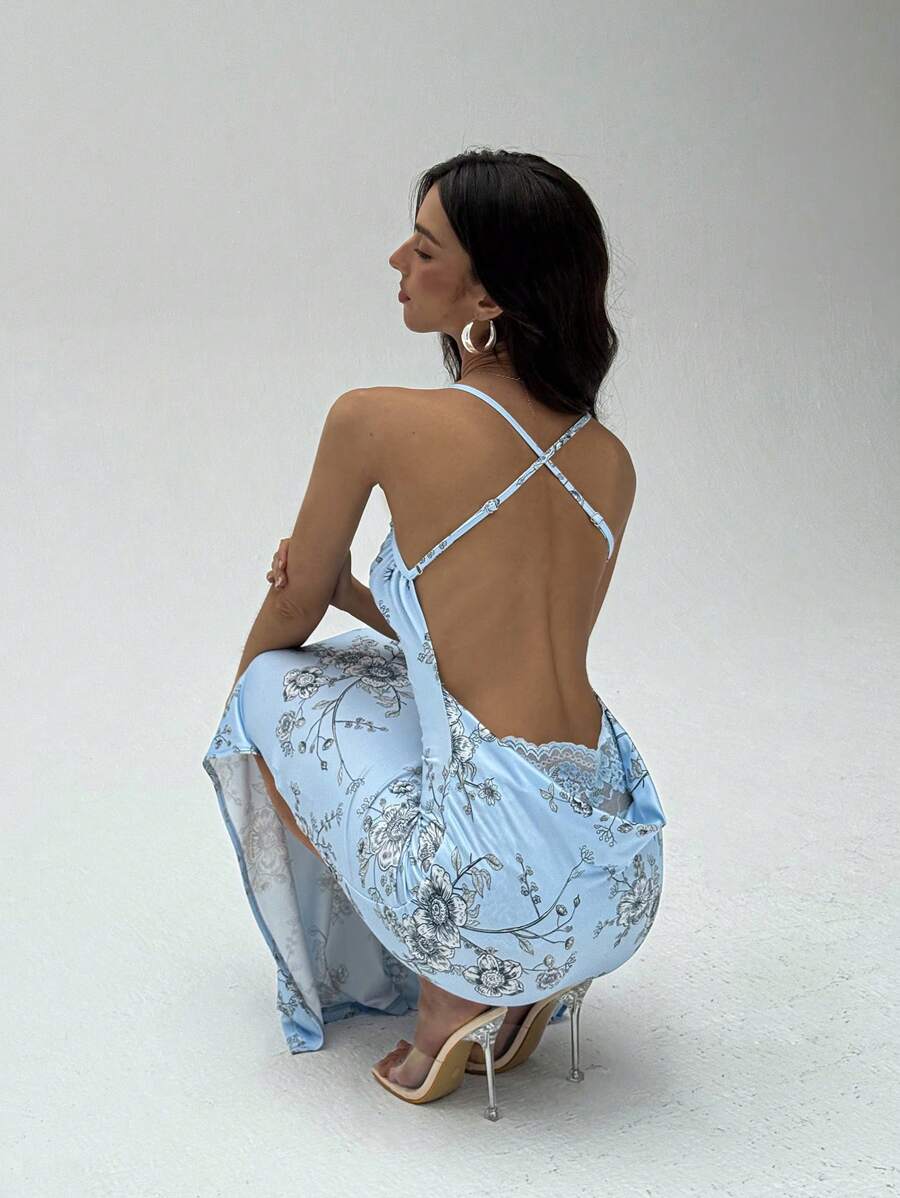 Aloruh 女士优雅性感 V 领露背修身蕾丝拼布印花连衣裙 - 彩色 - 查看 1