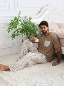 DAZY 2pcs Men's Spring/Summer Colorblock T-Shirt And Pajama Set - Khaki - View 7