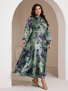 Veilorie Plus Size Women Tie-Dye Print Lantern Sleeve Waisted Elegant Dress - Multicolor - View 6