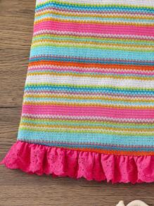 SHEIN Baby Girls' Casual Cute Colorful Striped Contrast Ruffle Trim Dress - Pink - View 10