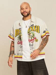 EASEVO Plus Size Men's Casual Woven Tropical Leaf & Letter Print Shirt, Suitable For Summer - Khaki - View 6