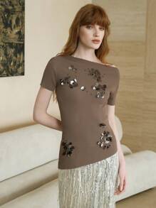 Arave Top tricoté à manches courtes, col asymétrique avec décor de paillettes, printemps/été - Camel - Voir 1