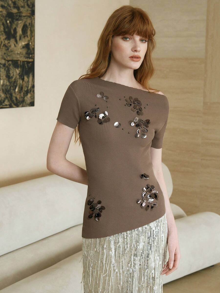 Arave Top tricoté à manches courtes, col asymétrique avec décor de paillettes, printemps/été - Camel - Voir 1