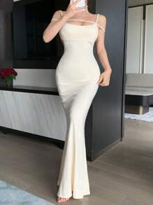 DAZY Island Vacation Fitted Spaghetti Strap Backless Women Lounge Dress Pajama - Apricot - View 8