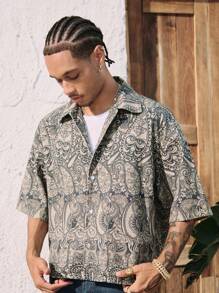 ROMWE MEN Street Life Men's Vacation Casual All Over Print Denim Shirt - Multicolor - View 6