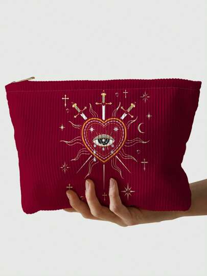 Goth Heart, Eye, Teardrop And Sword Printed Corduroy Zipper Makeup Bag, Lightweight Multifunctional Lined Cosmetic Pouch