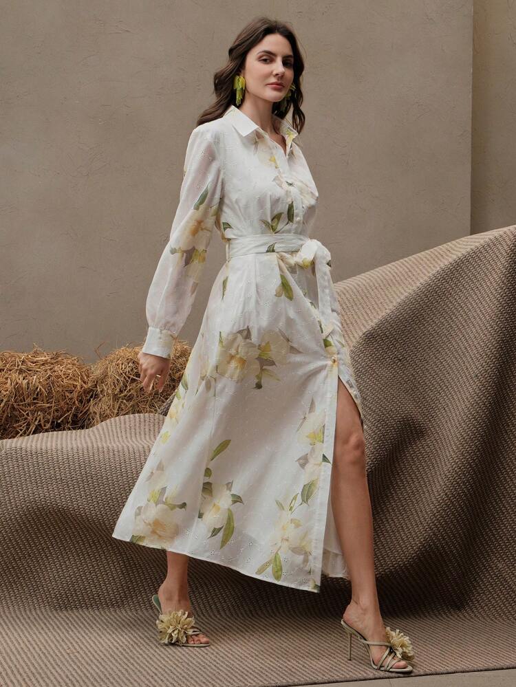 花柄シャツワンピース、ウエストマーク、春夏のフェス＆卒業式に