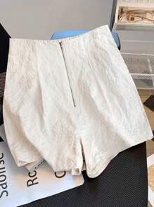 Franclia Plus Size Women Woven Solid Color Jacquard Zip Design Wide Leg Elegant Romantic Shorts - White - View 1
