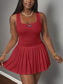 Slaydiva 2025 New Spring & Summer Casual Simple Basic U-Neck Racer Vest With Black Label & White Text, Pleated Skirt Including Shorts & Culottes, White Knit Fabric Women Mini Dress,Sundress,Summer Dresses For Women Red Dress Red Mini Dress Solid Color Dress Pleated Mini Dress