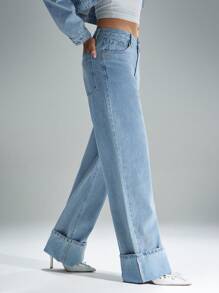Denimoi Jeans a gamba dritta con vita bassa, orlo con risvolto, vestibilità rilassata