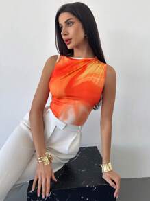 Firerie 女士春夏优雅度假浪漫户外海滩音乐节波西米亚风扎染彩色印花不对称领口无袖紧身衣