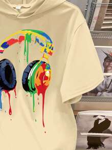 SHEIN Teen Boy Casual Fashion Stylish Colorful Graffiti Gaming Graphic Short Sleeve Hooded T-Shirt, Suitable For Summer - Camel - View 4