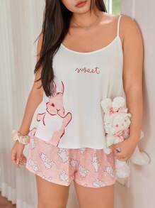 SHEIN 大码可爱卡通兔子印花吊带背心和短裤睡衣套装、服装