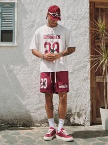 ROMWE MEN Prep Ensemble t-shirt à manches courtes avec impression de lettres et short à cordon de serrage pour hommes