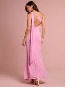 Enchnt Women's Elegant Floral Pink Summer Dress,Tropical Cocktail One-Shoulder Ribbon Slit Ruffle Dress,Sweet Birthday Holiday Graduation Party - Pink - View 1