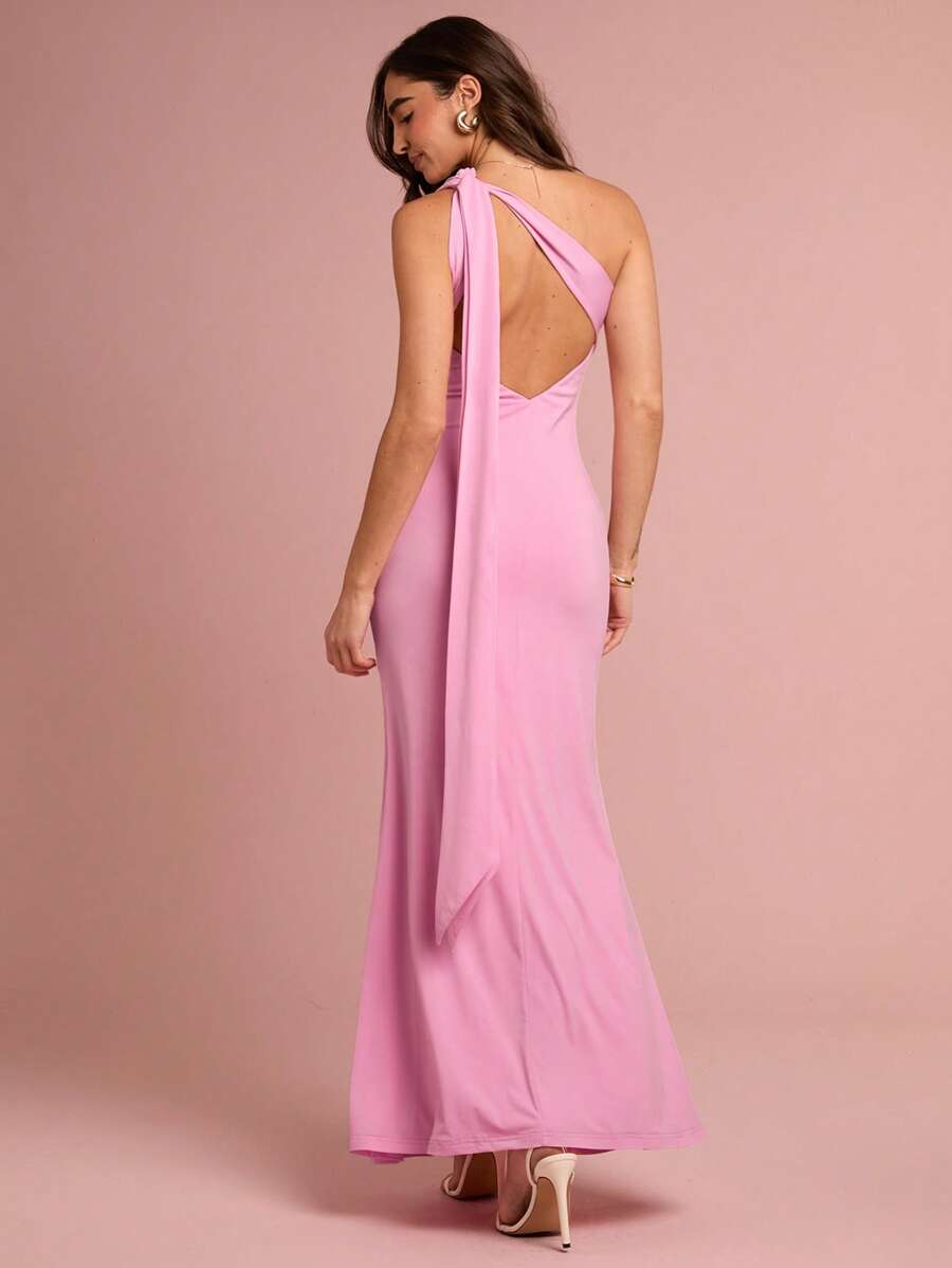 Enchnt Women's Elegant Floral Pink Summer Dress,Tropical Cocktail One-Shoulder Ribbon Slit Ruffle Dress,Sweet Birthday Holiday Graduation Party - Pink - View 1