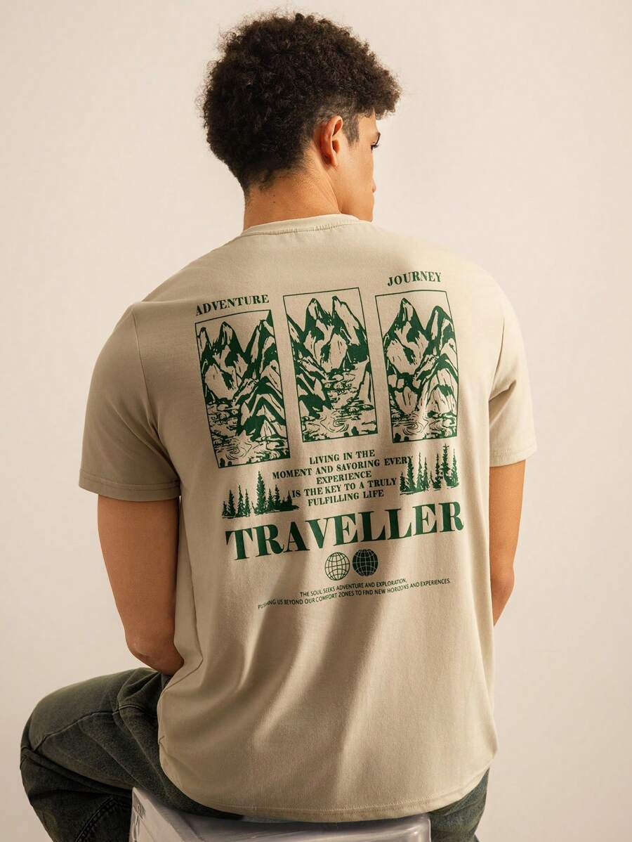 SWAVVY Men Knitted Casual Short Sleeve T-Shirt With Mountain Graphic Print At The Back, Boxy Tee, Boyfriend Gift, Summer