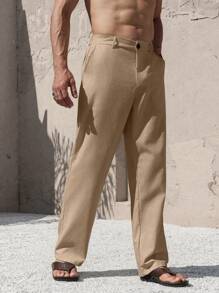Manfinity Nomadique Pantalones rectos de lino casual Manfinity Nomadique para hombres, pantalones versátiles de moda, pantalones blancos para hombres