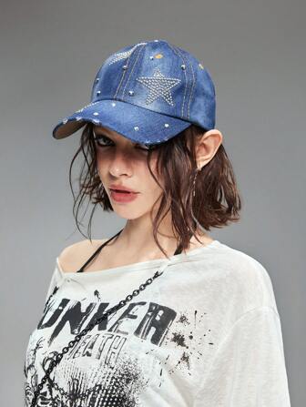 Grunge Punk 1pc Bling Rhinestone Embellished Baseball Cap, Y2K Style Starry Studded Graphic Casual Snapback Hat, Fashion Personal Styling Accessory