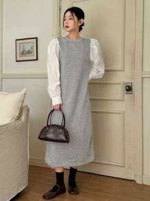 DAZY Women's Patchwork Round Neck Long Sleeve Straight Puff Sleeve Mid-Calf Dress,Fall Clothes - Grey - View 6