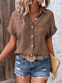 EMERY ROSE قميص أزرار أمامي ذو جيب بقماش ملمسي ولون صلب بسيط للنساء, صيفي