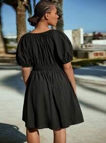 Maija Women's Plus Size Solid Black Short Sleeve Dress,Bohemian Holiday Style Summer Vacation Outfits,Smart Casual Wedding Guest Graduation Dress - Black - View 2