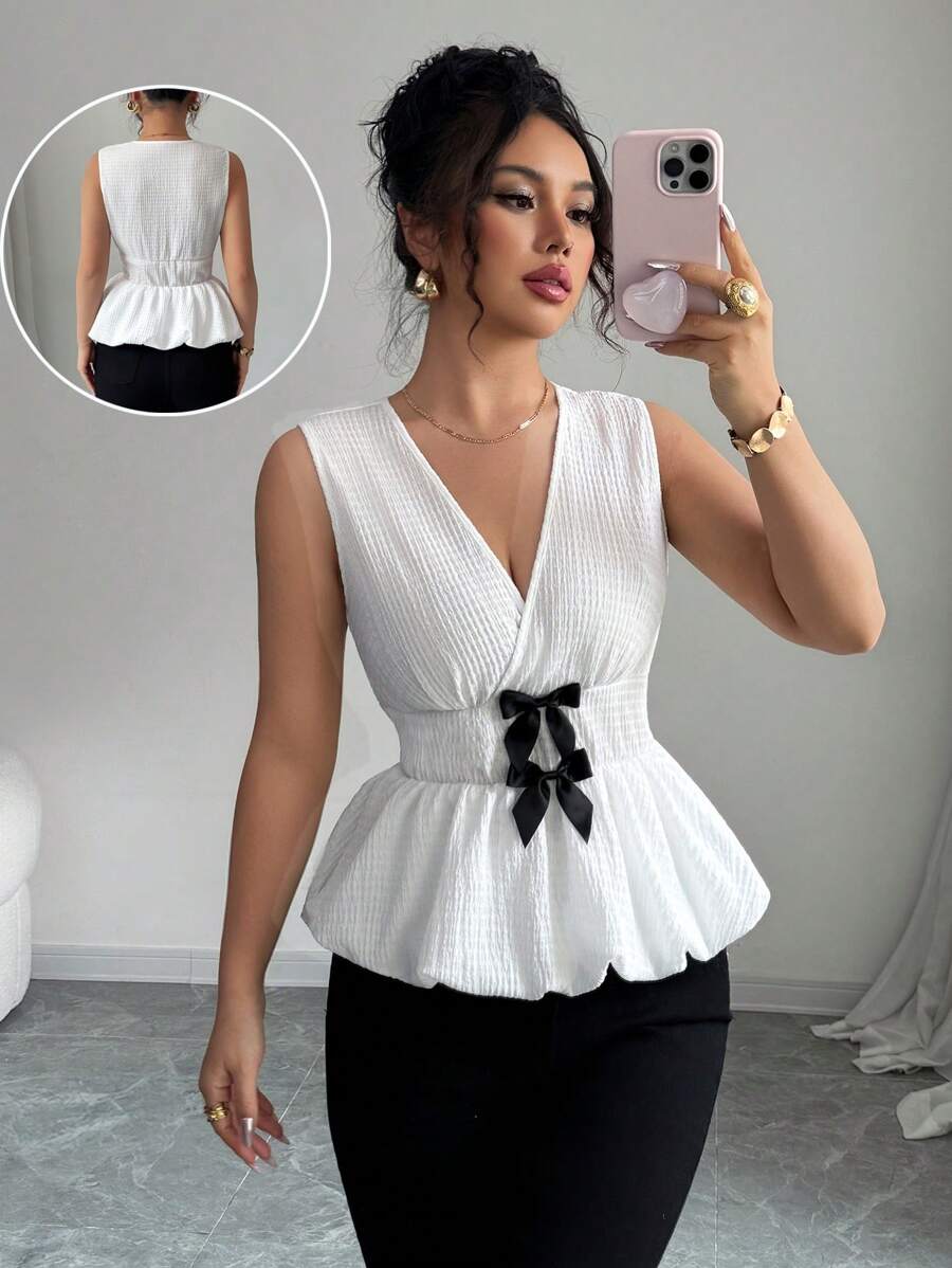 Elenzga Áo ba lỗ nữ cổ chữ V sâu có họa tiết vải kết cấu, viền xếp nếp thanh lịch - trắng - Xem 1