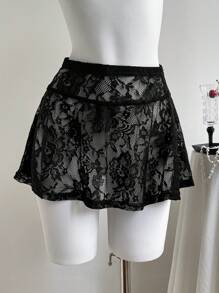 Comfortcana Women's Black Lace Mini Skirt: Casual Semi-Sheer Knitted Skirt With Ruffle Hem Detail - Black - View 1