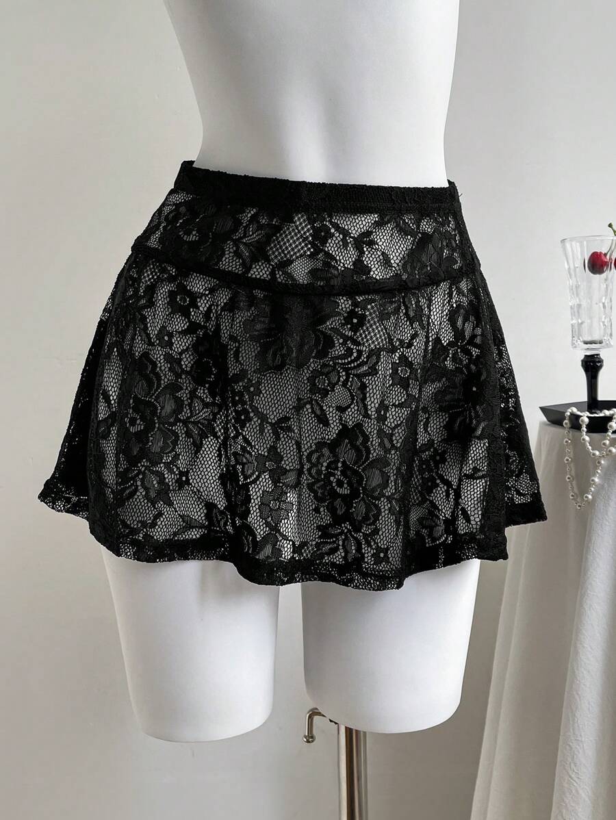 Comfortcana Women's Black Lace Mini Skirt: Casual Semi-Sheer Knitted Skirt With Ruffle Hem Detail - Black - View 1
