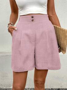 SHEIN LUNE Pantalones cortos casuales y holgados para mujer con diseño de botones lisos y bolsillos
