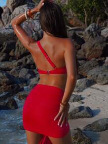 SHEIN Swim 1 Bộ đồ bơi liền thân khoét vai bất đối xứng và váy buộc eo gợi cảm cho kỳ nghỉ hè trên bãi biển - Đỏ - Xem 2