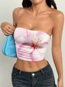SHEIN EZwear Casual Minimalist Ruched Body Allover Floral Print Crop Top, Versatile For Summer, Beach, Music Festival Tube Top Suitable For Going Out
