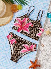 Costume da bagno a due pezzi tankini aderente da ragazza con stampa leopardata, ibisco e fiori di ibisco, in stile da spiaggia, adatto per l'estate #Coconutgirl