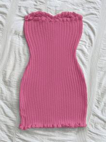 Soleia Slim-Fitting Comfortable Sexy Button & Ruffle Hem Knit Dress - Hot Pink - View 2