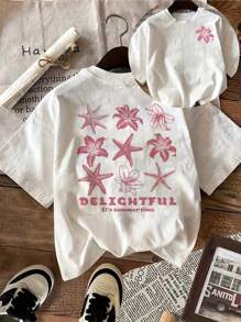 Camiseta de mujer de cuello redondo y manga corta con estampado de letras y estrellas de mar casual