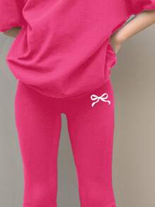 SHEIN Tween Girls Casual Minimalist Round Neck Short Sleeve Top And Pants 2 Pieces Set, Suitable For Summer - Hot Pink - View 4