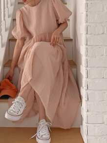 DAZY Women's Solid Color Chiffon Round Neck Lantern Short Sleeve Loose Pink Long Dress, Summer,Casual Women Dresses