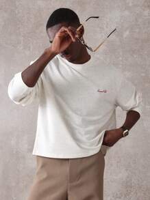 SUMWON 基本款短款夏季秋季轻薄超大毛衣套头衫家居服运动休闲街头风格长袖运动落肩圆领 - 杏色 - 查看 5