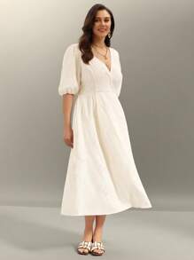 Flouryn 大码纯色商务休闲派对礼服，适合春季、夏季、晚会、浪漫、毕业典礼等场合 - 杏色 - 查看 6