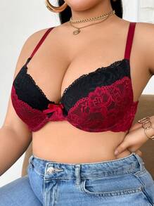 DesireSculpt Plus Size Contrast Color Lace Patchwork Bow Detail Bralette & Wire-Free Bra
