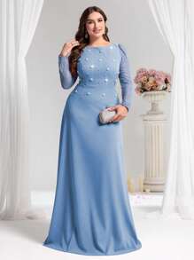 Coutiva Plus Size Elegant Bubble Bead Contrast Lace A-Line Party Dress, Formal, Gown, For Evening, Wedding Guest