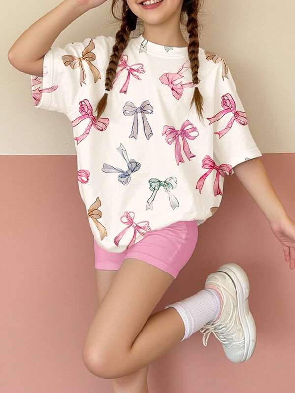 SHEIN 2pcs Butterfly Print Casual T-Shirt And Shorts Set, Minimalist Design For Teen Girls, Suitable For Summer